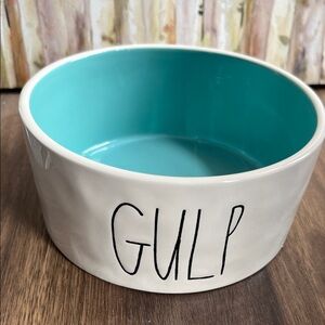Rae Dunn White and Teal Dog Bowl